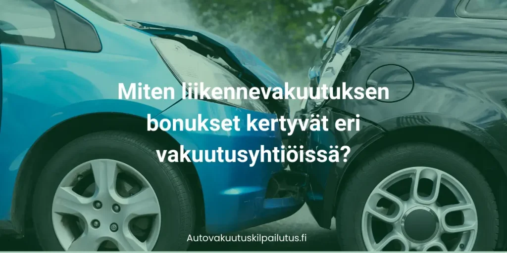 Kaksi autoa törmää peräänajossa. Kuvassa on otsikko Miten liikennevakuutuksen bonukset kertyvät eri vakuutusyhtiöissä?